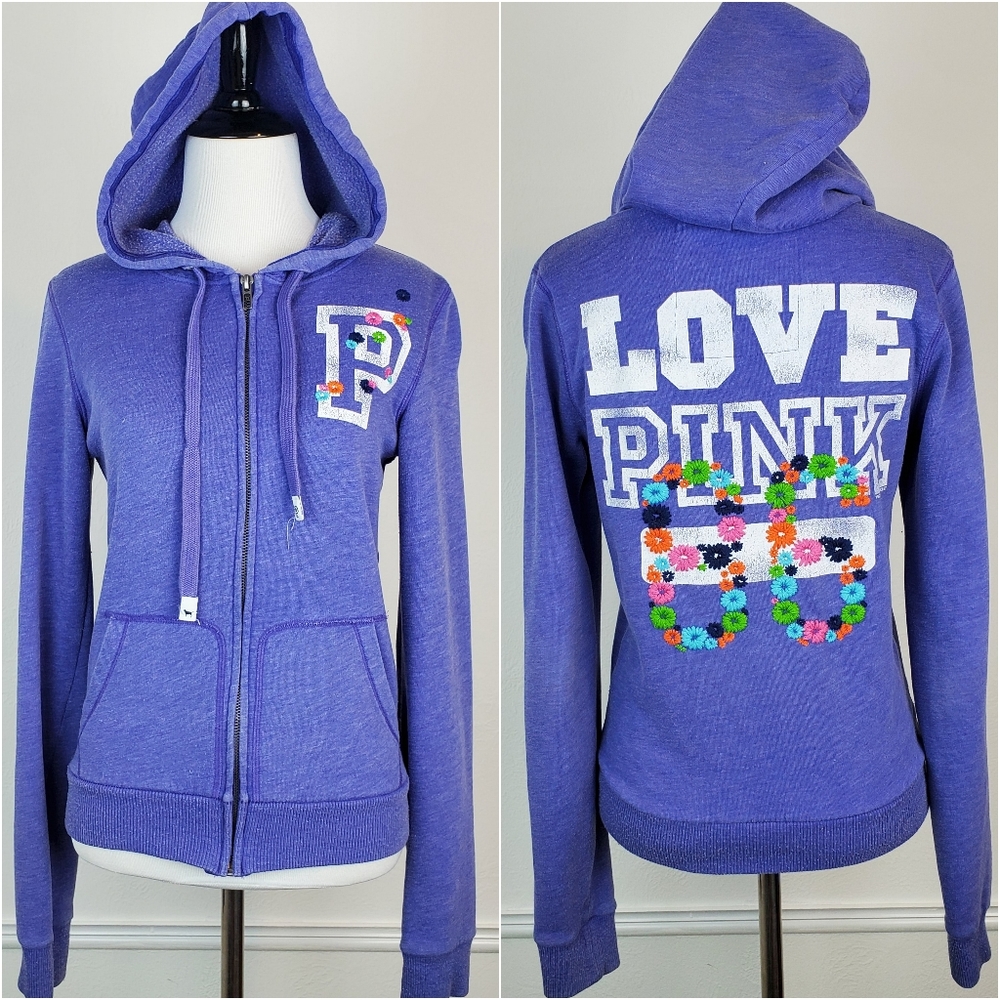 VS PINK Hoodie Sweatshirt Floral Embroidered Love Pink Purple Spellout Cute